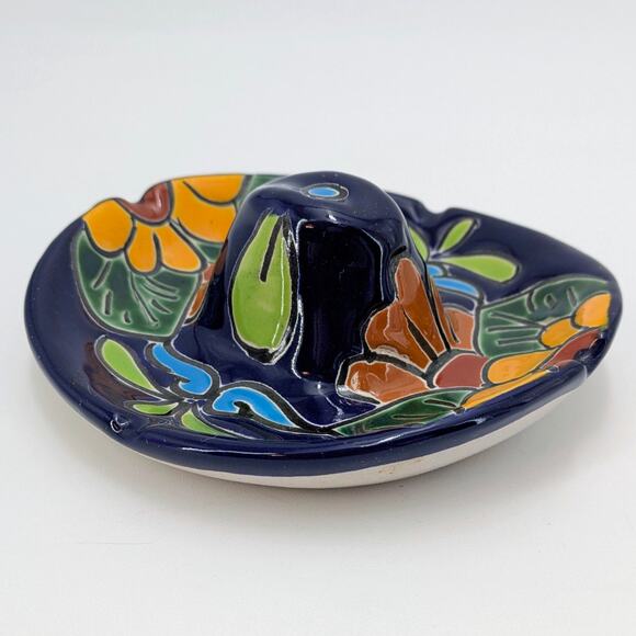 Mexican Sombrero Ashtray Ceramic Hand-Painted Folk Art Talavera Style Hat - Picture 1 of 9